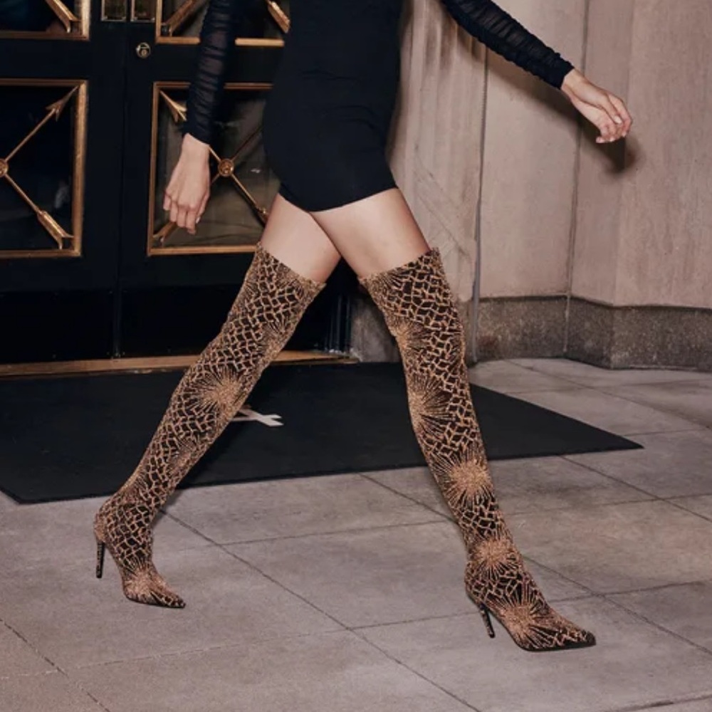 Lulu's Black and Tan Starburst Over-the-Knee Sock Boots